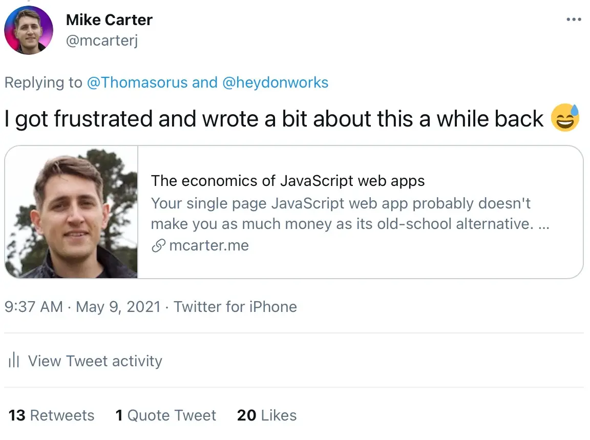 A screenshot of a Tweet I wrote about a blog post on this website, showing 13 retweets, 1 quote tweet, and 20 likes.